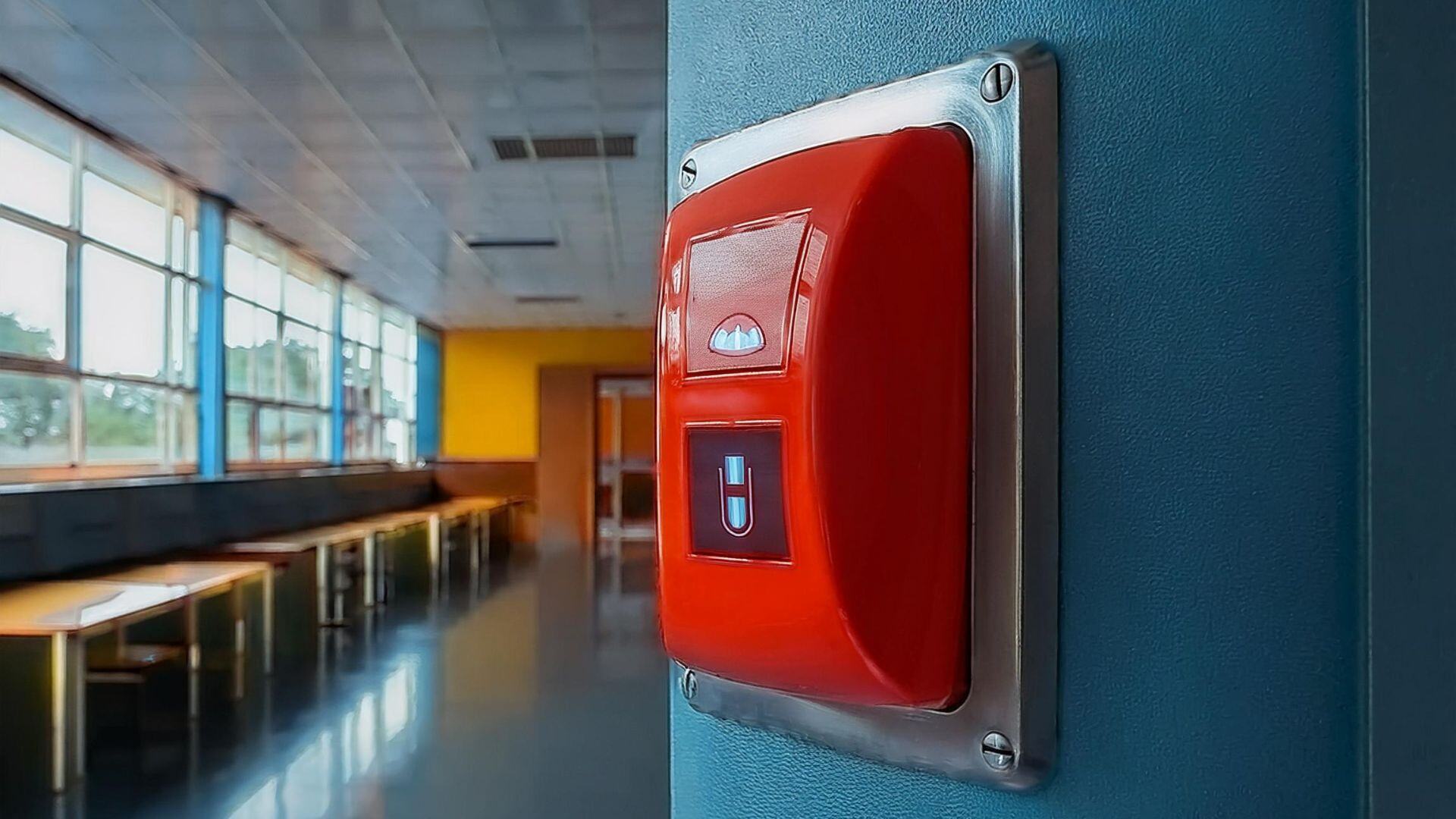 A red covered panic button in a school