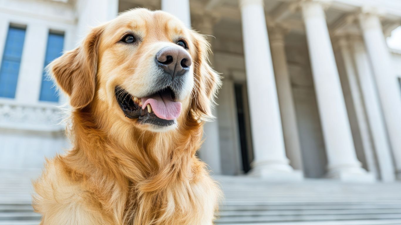 Golden retriever infront of a courthouse