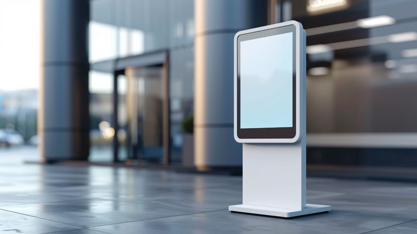 An interactive screen outside a courthouse lobby