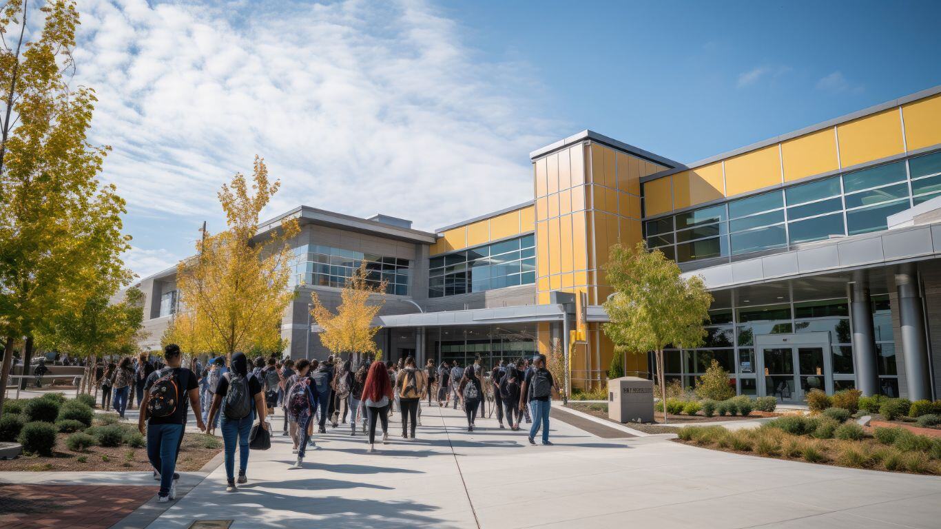 Large high school building with students walking on the sidewalk