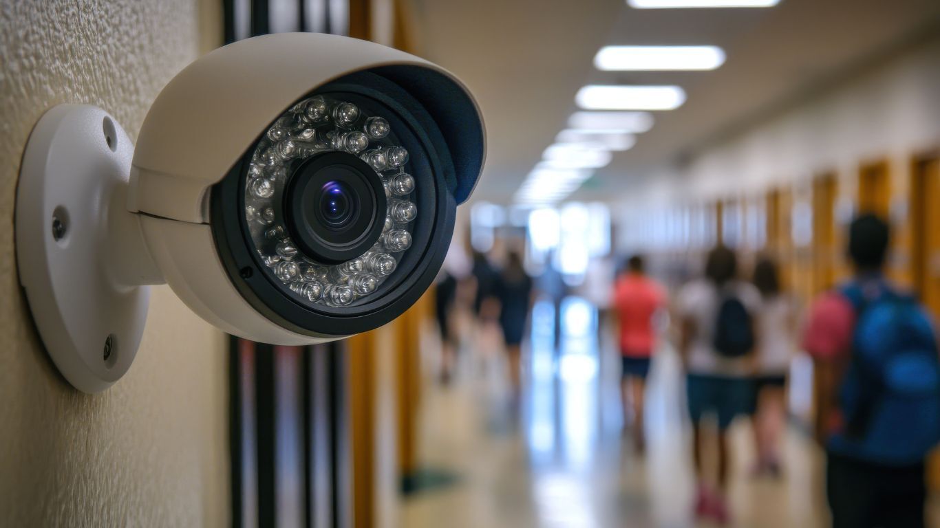 A camera in a school with a blurred background of students