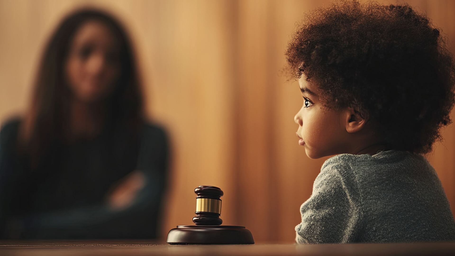 A child sitting in a court with an adult looking on from the background