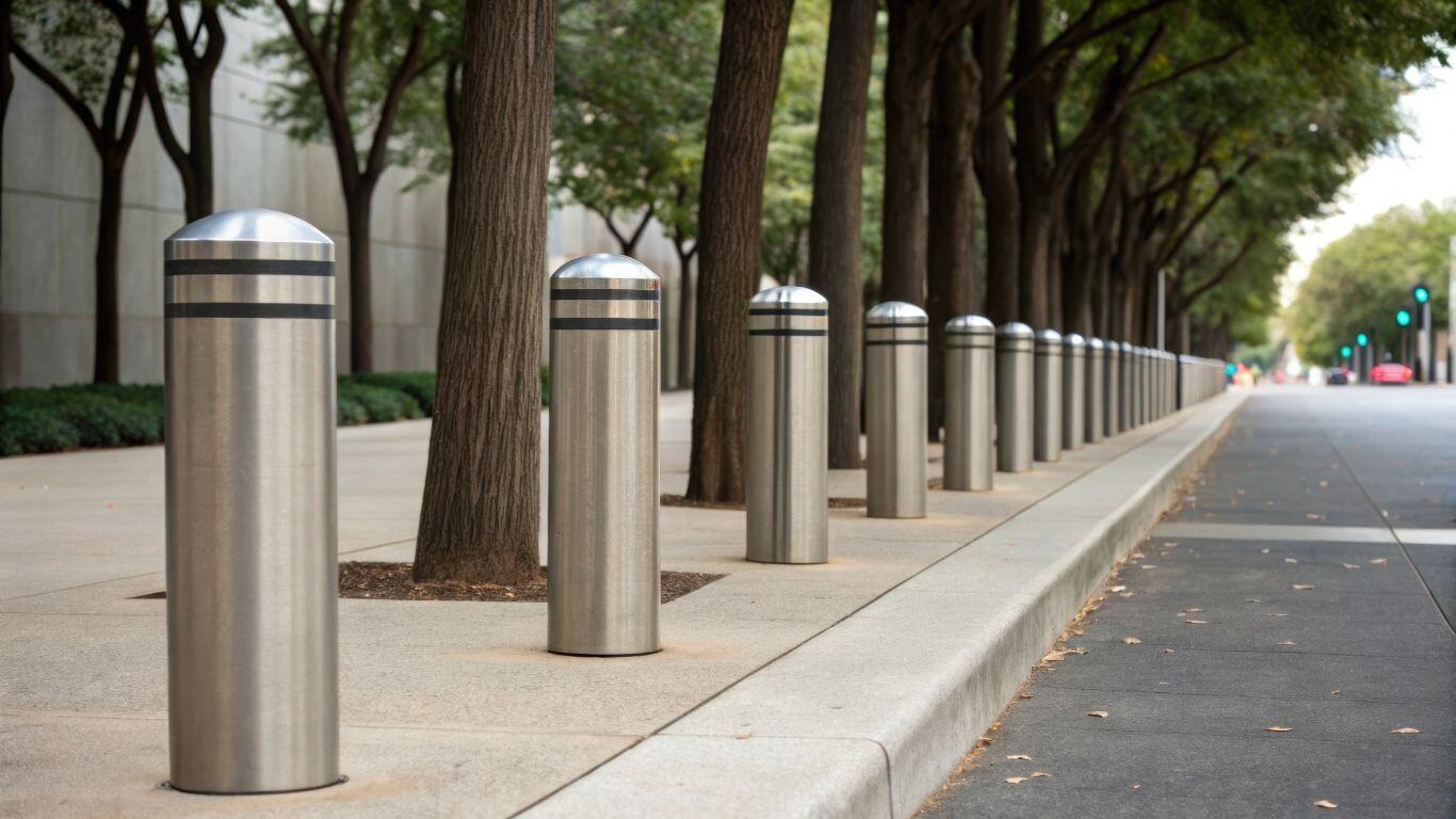 Bollards lining a street for sidewalk protection