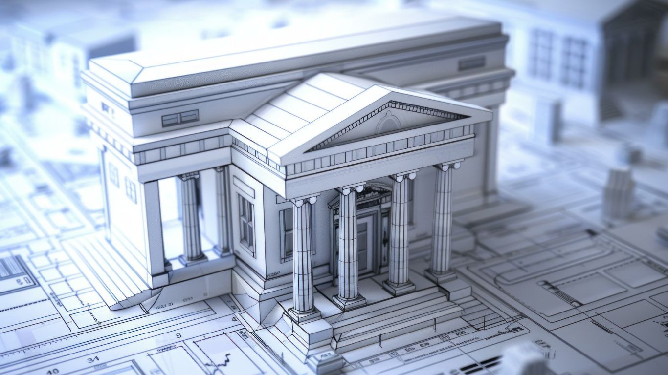 a neoclassical building on top of architectural blueprints 