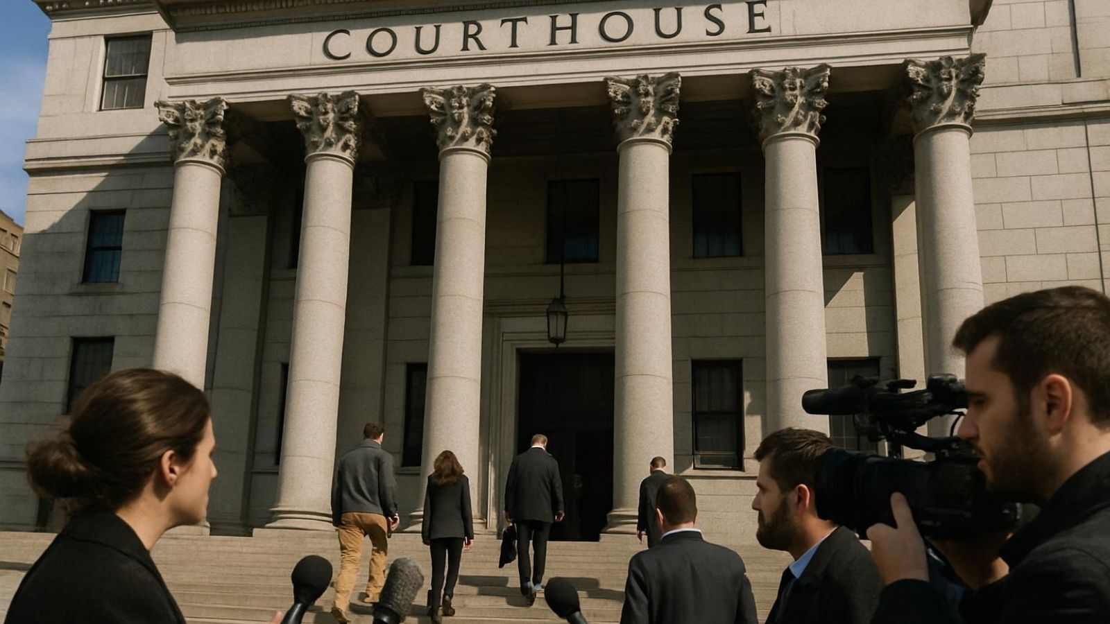 Reporters outside a courthouse