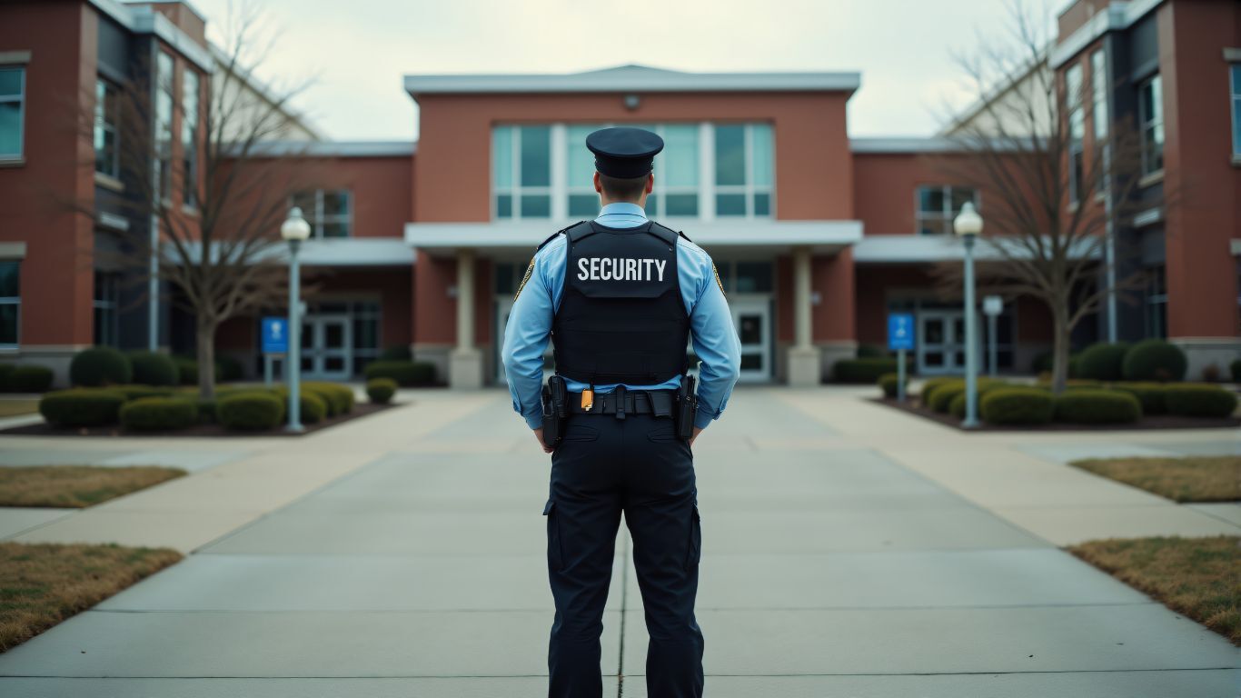 Security guard standing in front of a school